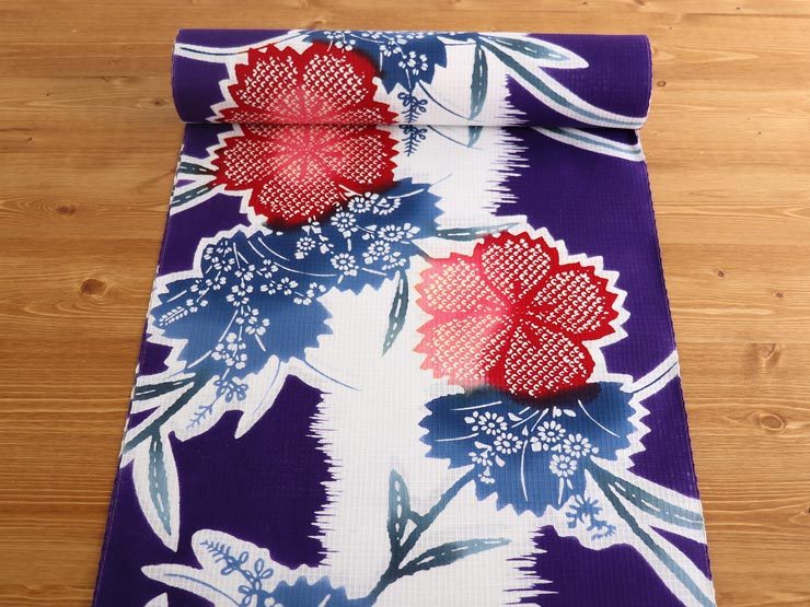 三勝」清水敬三郎好み・東京本染め/注染] 浴衣 反物 縞に撫子（紫×白