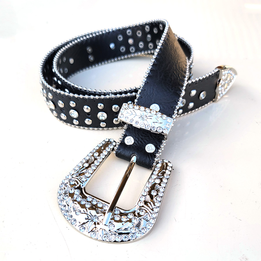 ウエスタンレザーベルト スタッズベルト ラインストーン クロス クロコ