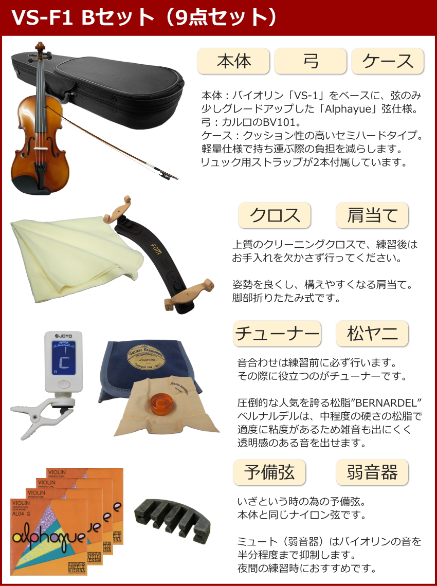 初心者向け バイオリン 調整後出荷 VS-F1 1/10サイズ 9点セット 分数