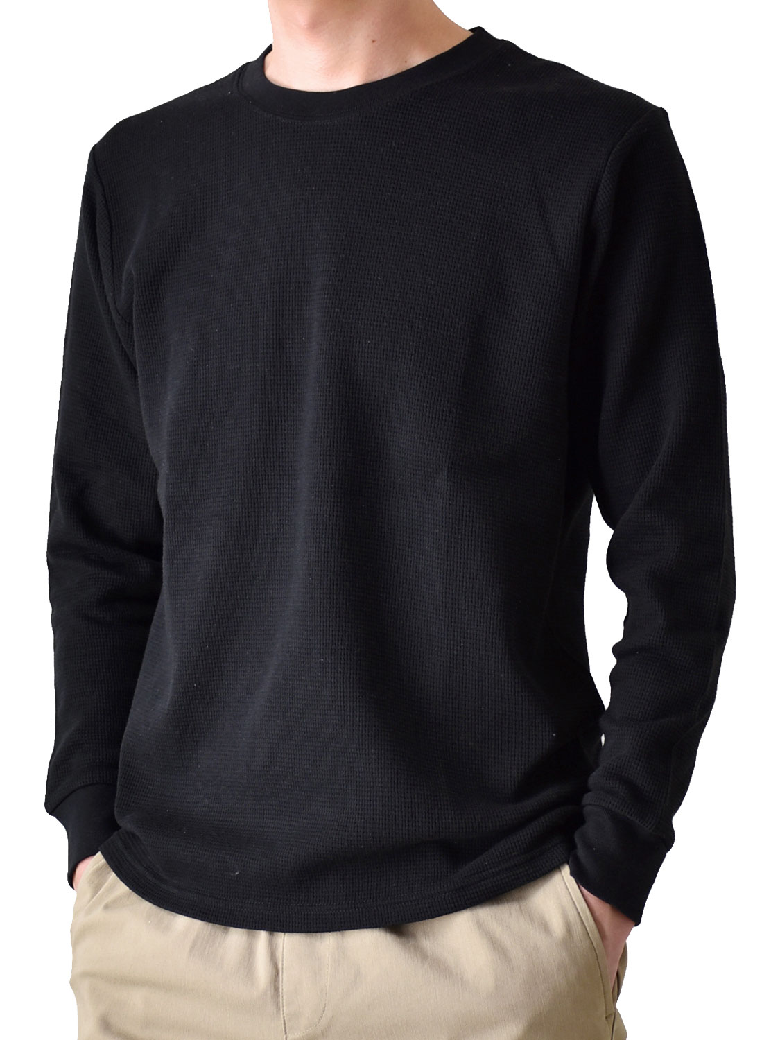 長袖Tシャツ メンズ ワッフル ストレッチ ロンT クルーネック 送料無料