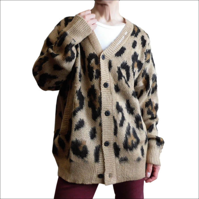 RE730 ヒョウ柄 メンズ ビッグシルエット カーディガン モヘアタッチ