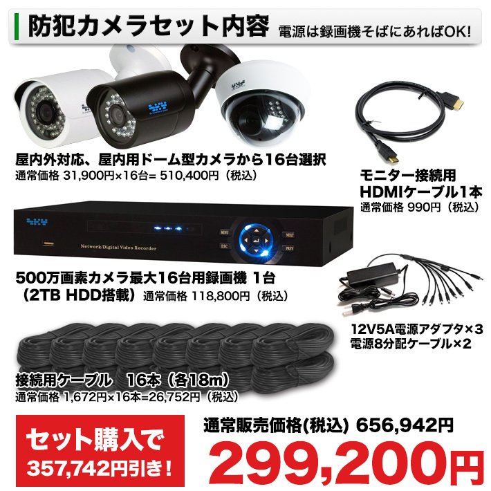 AI搭載 防犯カメラ 500万画素 赤外線暗視 レコーダーセット 屋外防水