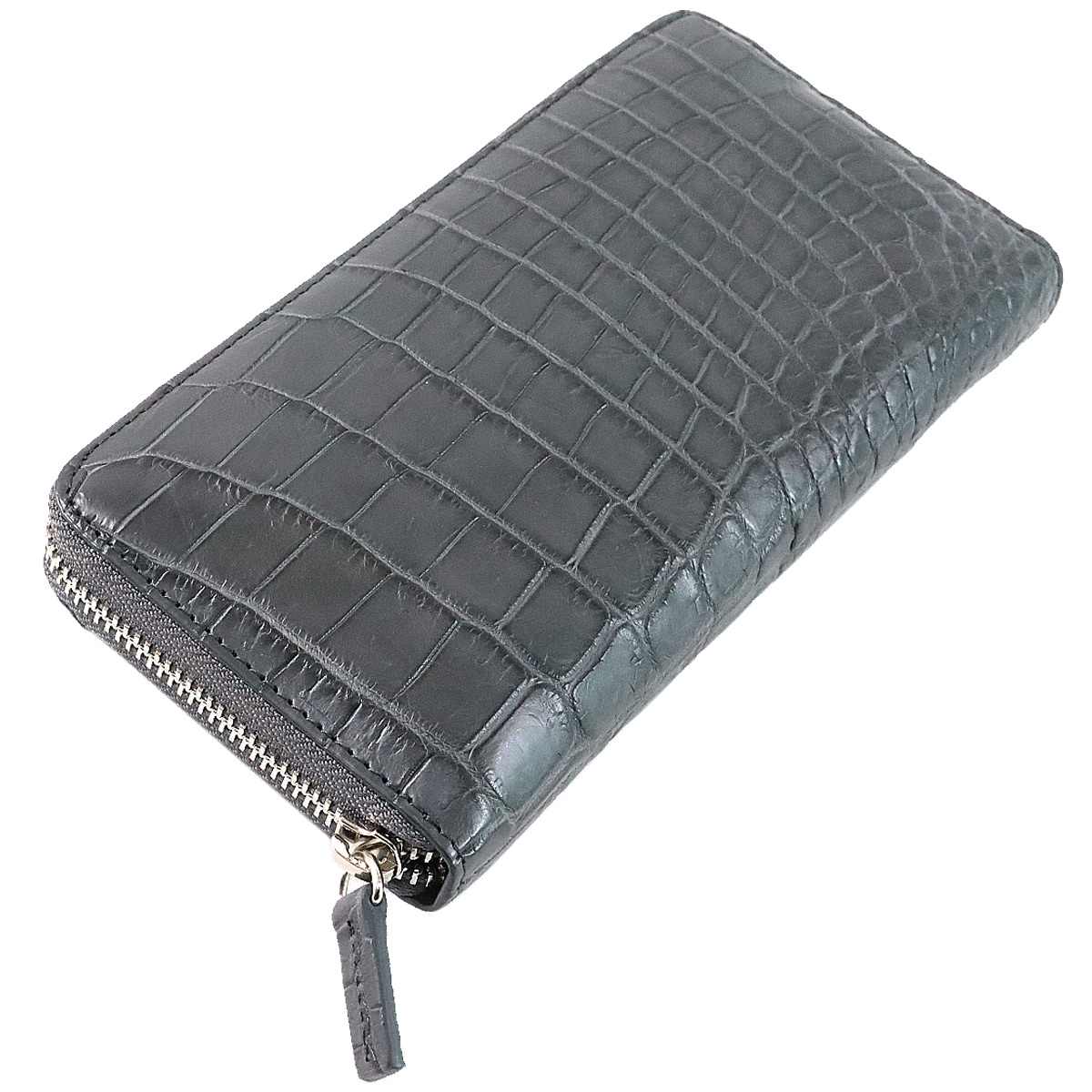 クロコダイル 長財布 -6- マットクロコ ラウンドファスナー : あおい