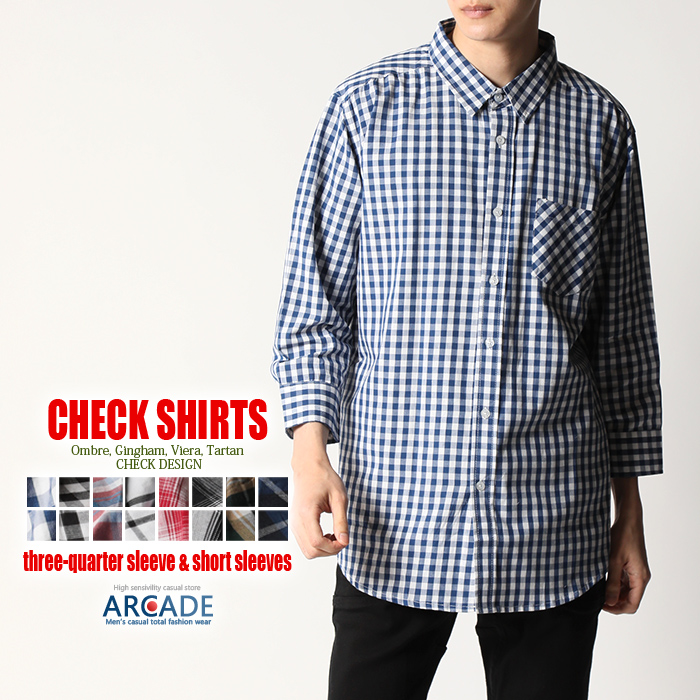 ARCADE（アーケード） チェックシャツ メンズ 半袖 七分袖 半袖シャツ