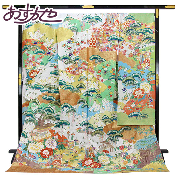 振袖フルセット6点サイズM〜L駒刺繍 地紙御所車文 暈し染め 金銀彩