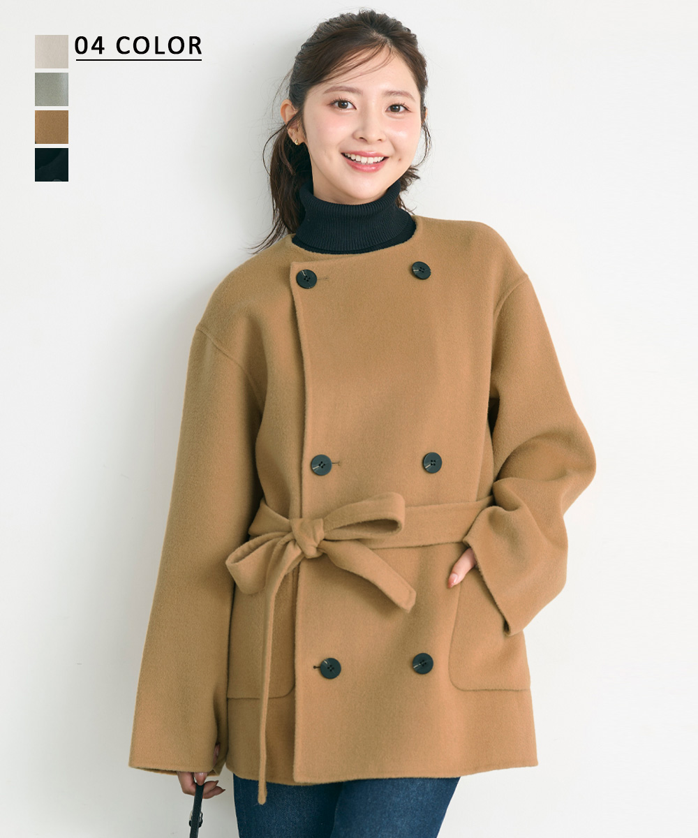 HARUKA DESIGN】ノーカラー2WAYリバーミドルコート｜アウター ウール