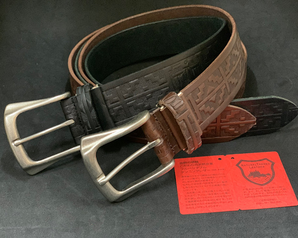 栃木レザー】 40ミリ幅 レザーベルト ネイティブ柄 クラフトロール