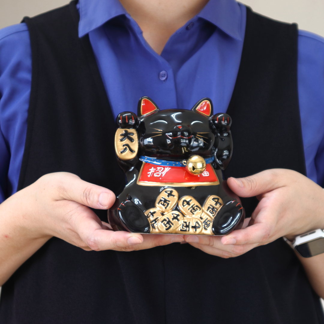 金運招き 黒猫貯金箱 置物 鈴付き 置き物 おしゃれ かわいい 開店祝い