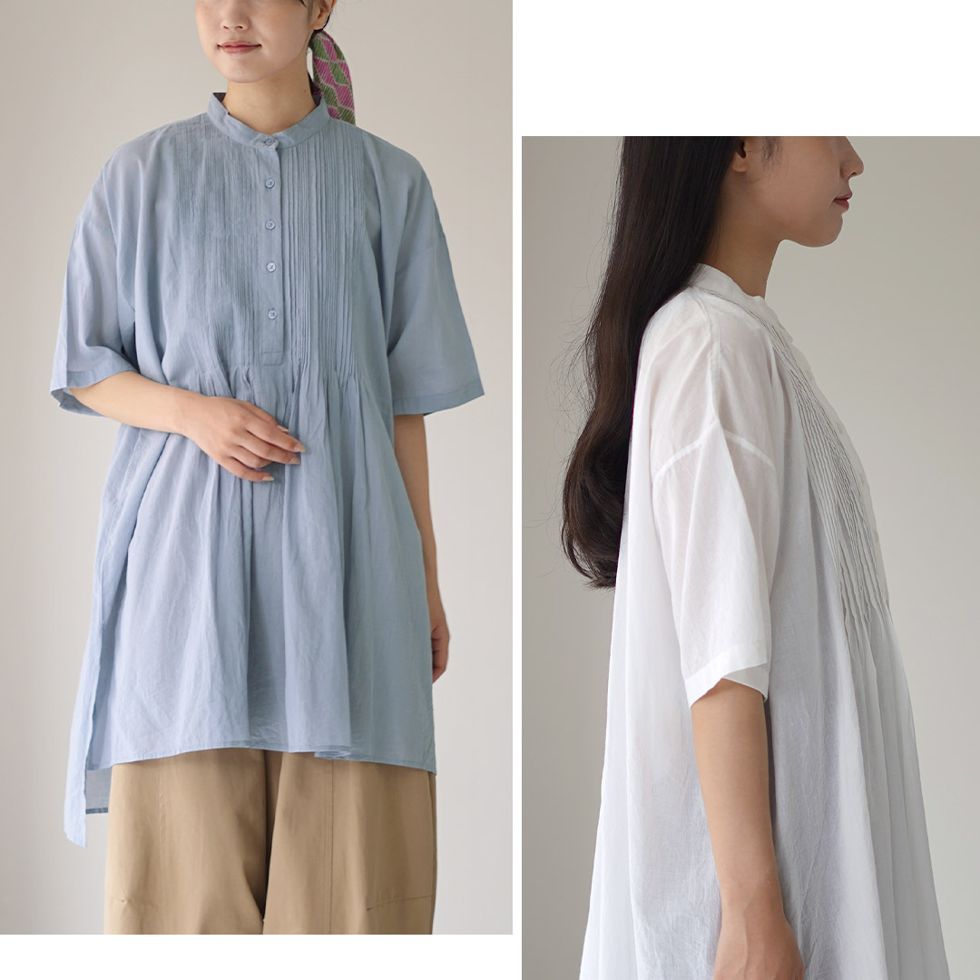 SOIL（ソイル） コットンボイル バンドカラー ピンタックシャツ