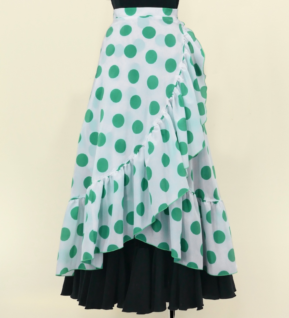 フラメンコ 巻きスカート 水玉 ホワイト×ターコイズブルー Fサイズ FMS