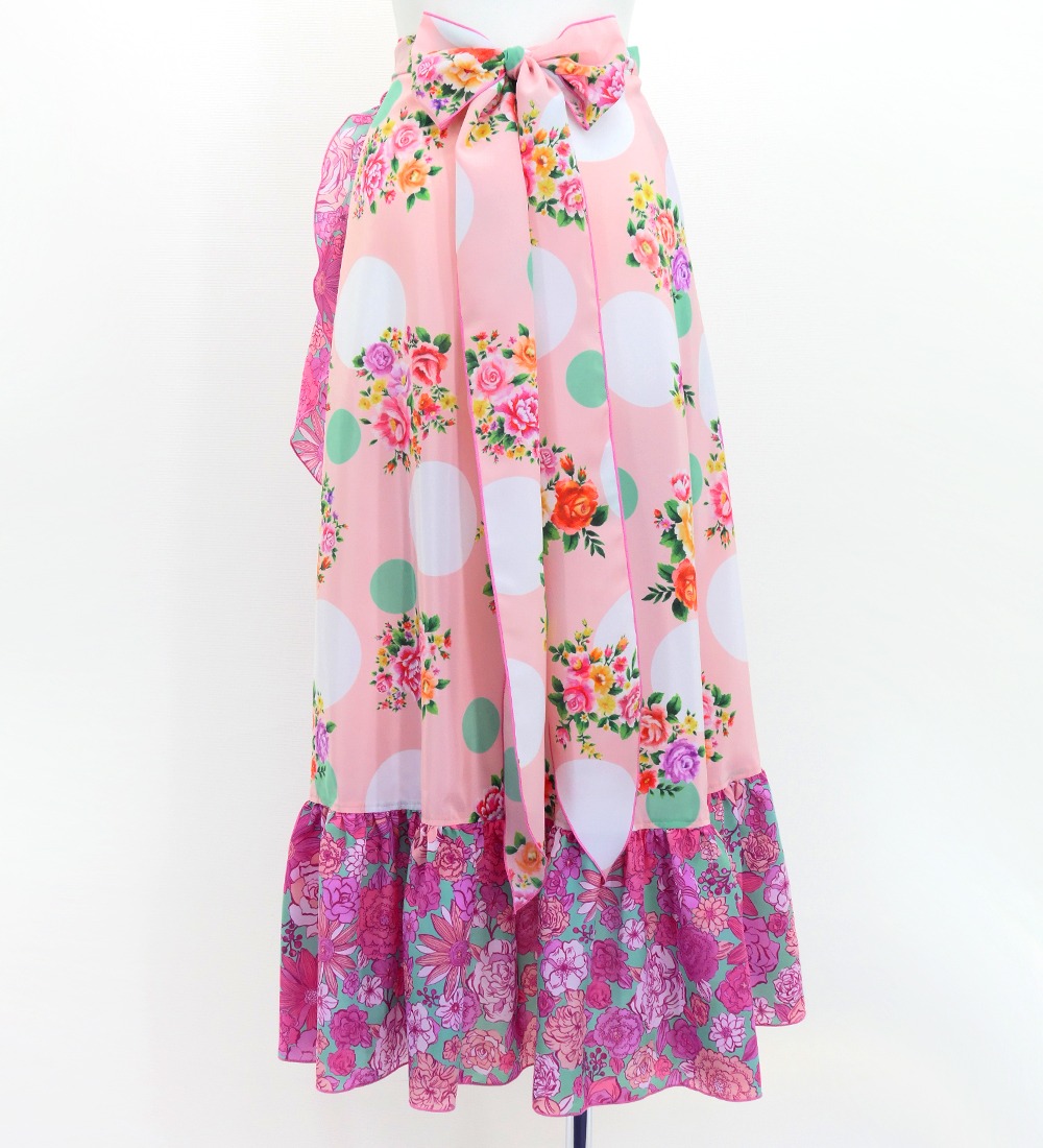 フラメンコ 巻きスカート ローズ×水玉 ピンク×ターコイズブルー F