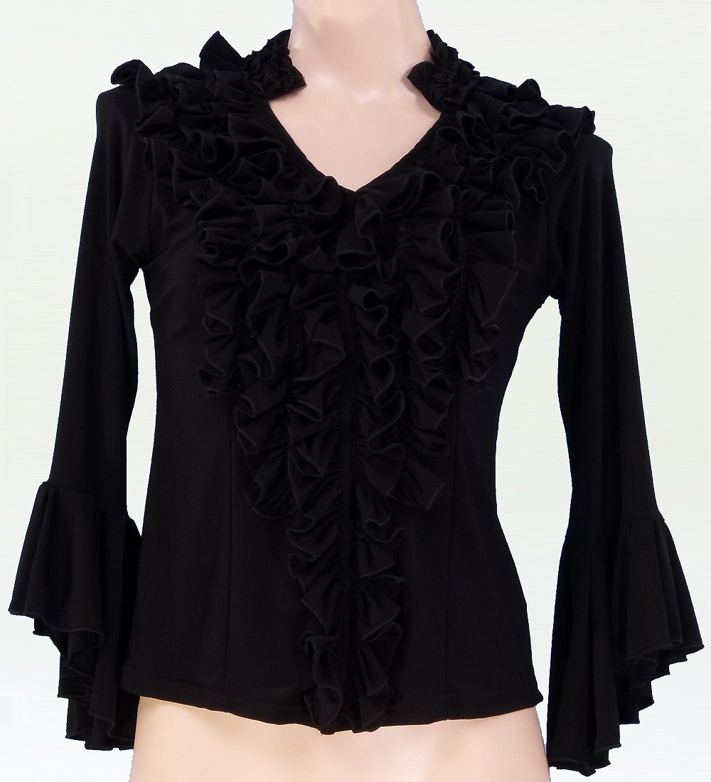 フラメンコ スタンドカラー フリルブラウス ブラック 843b : emika