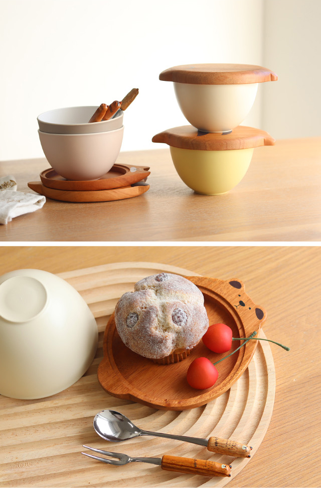 Fluffy ウッドプレート付きボウル＆スプーン＆フォークセット(食器