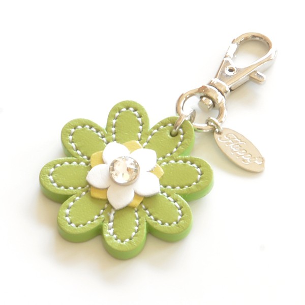 花チャーム 9種 牛本革 スワロフスキー付き Happy キーホルダー