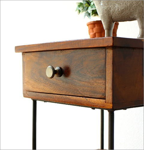 アジアン 民芸 簾 金属取手 金具 鋲打 電話台 花台 サイドテーブル i1