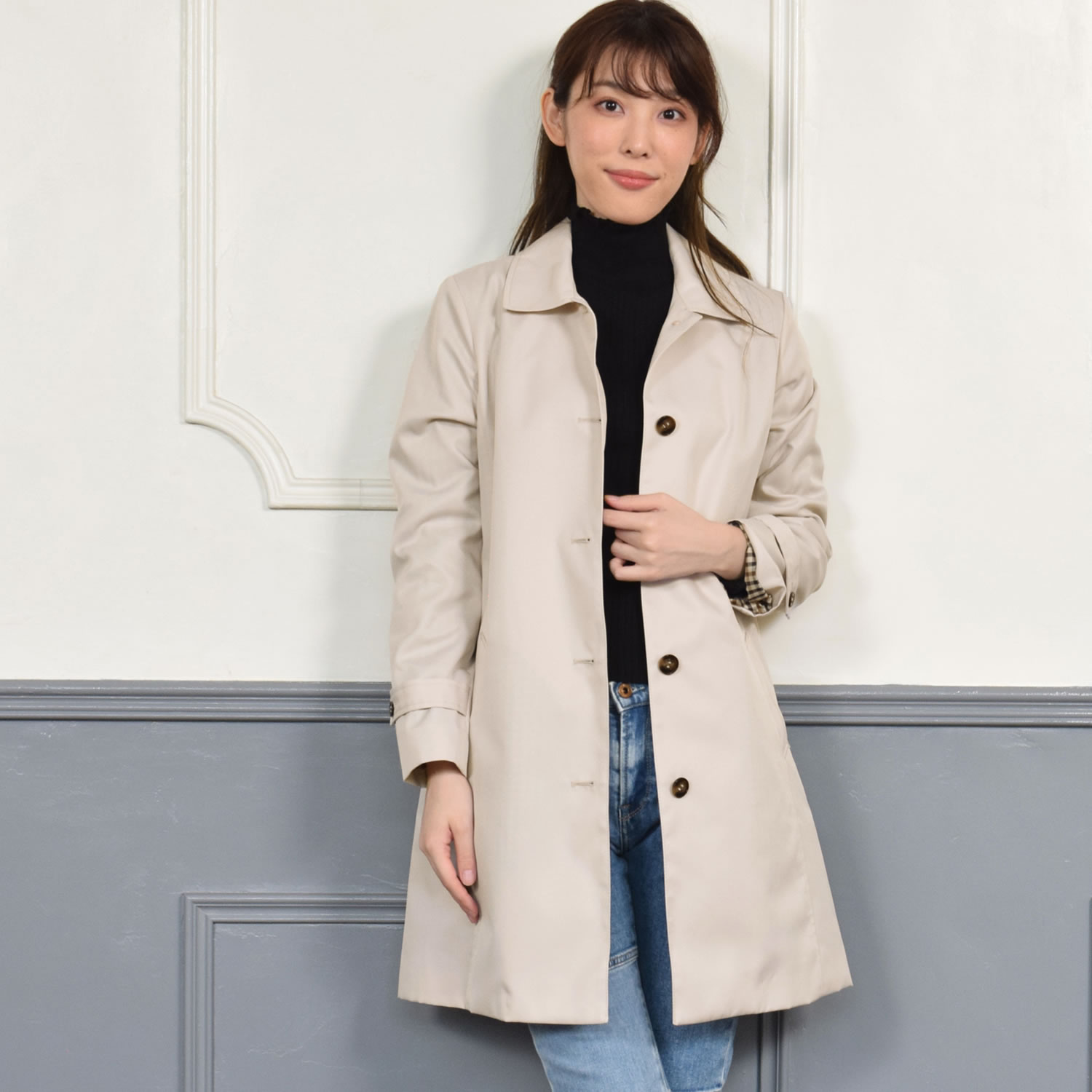 Merfirge 爆買 ステンカラーコート 裏地 チェック柄 【花粉対策・弱撥