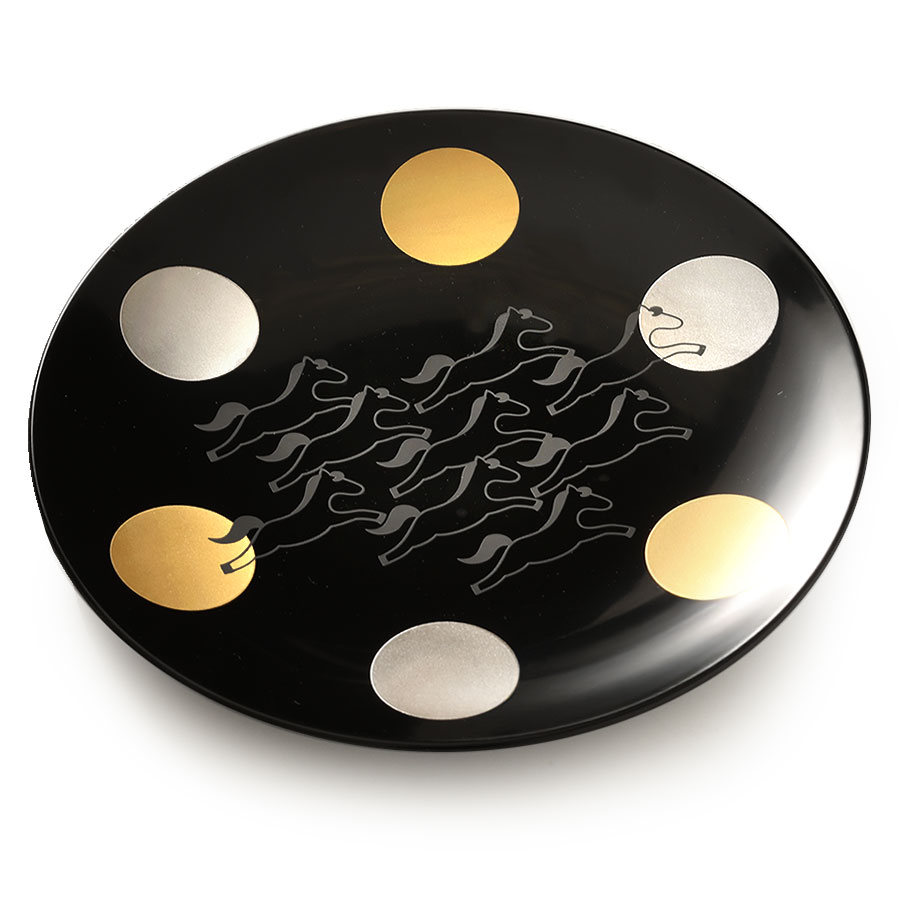 山田平安堂 宮内庁御用達 漆器 丸皿 干支日月 午（うま） : 漆器 山田