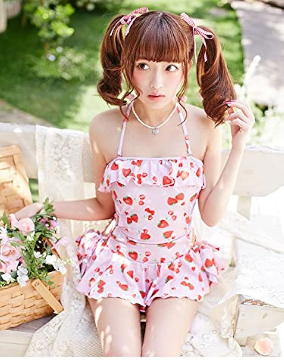 ゆめかわ フリル付き イチゴ柄 ワンピース 水着 レディース( ピンク
