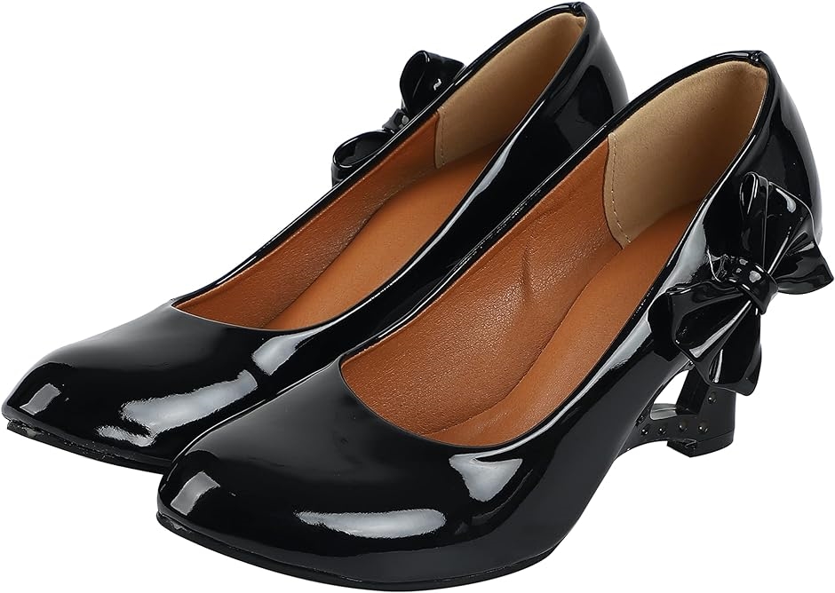 PUレザー リボン付き ハート型抜き ウェッジヒール パンプス