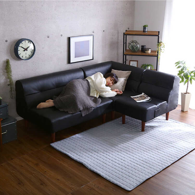 コーナーソファー L字ソファ ワイド ブラック 黒 レザー 合皮