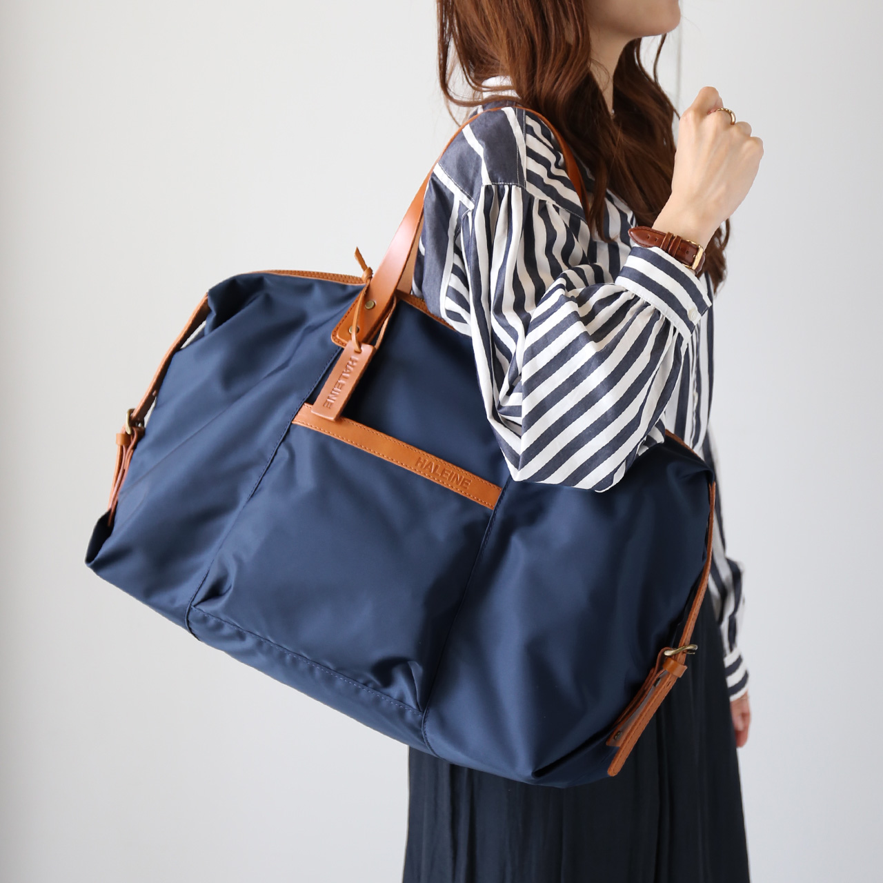 HALEINE アレンヌ ボストンバッグ ネイビー部分ヌメ革ユニセックス 美