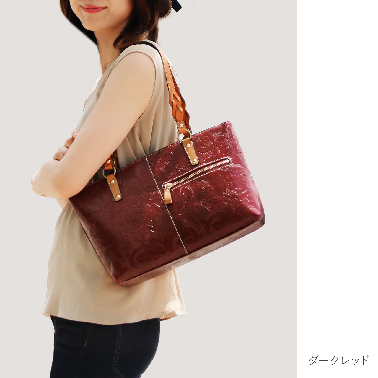 Jamale（ジャマレ） 牛革 トートバッグ レディース ローズ柄 型押し