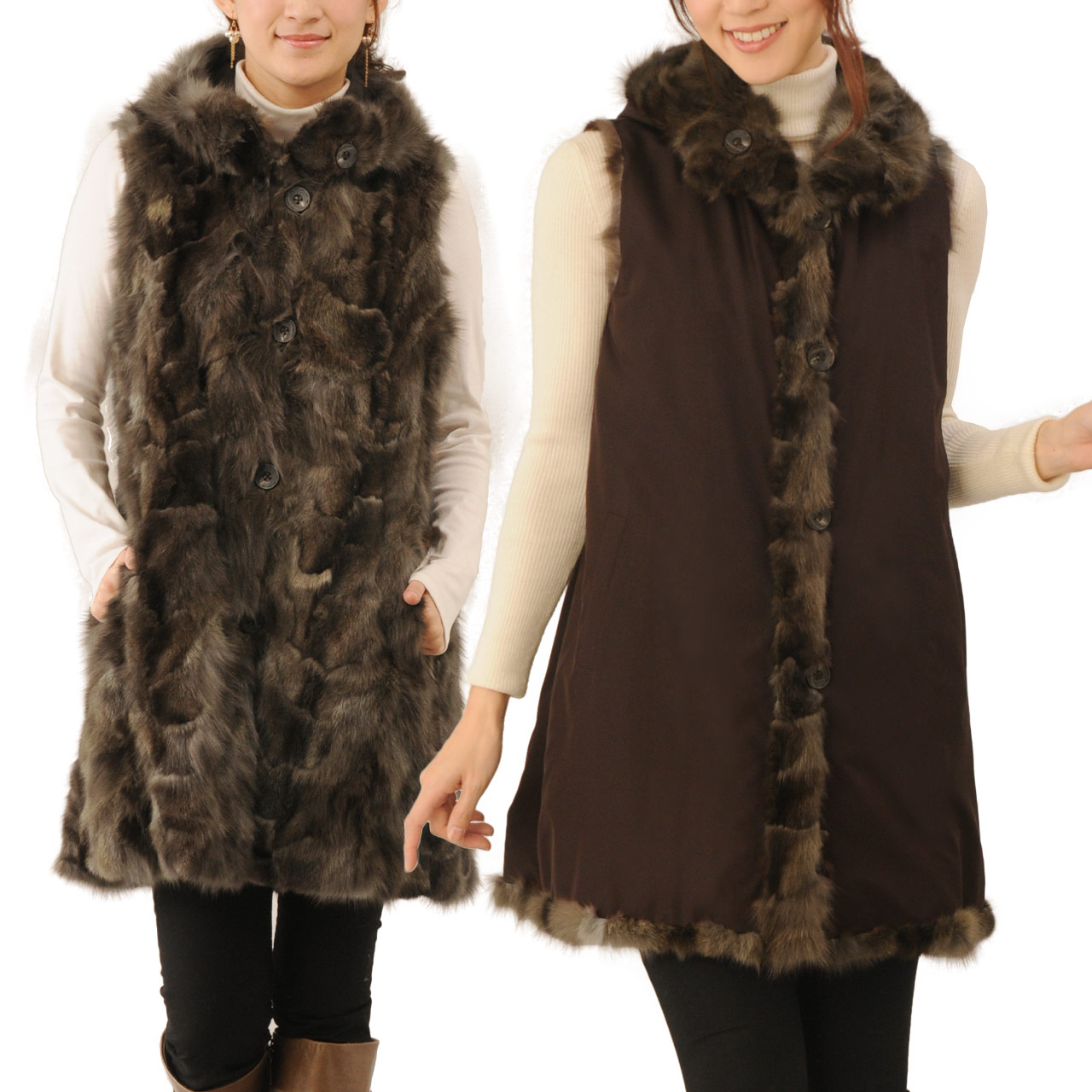 S*様 美品 レッキスラビット ロングベスト フード付 ダークブラウン 艶