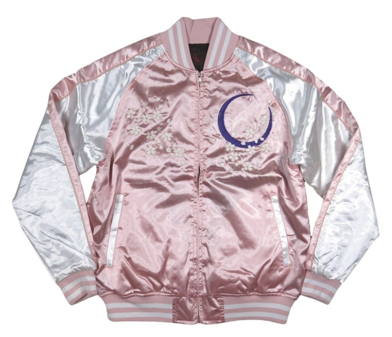 風神雷神 舞桜 総刺繍 サテン地 中綿入り 和柄 スカジャン メンズ