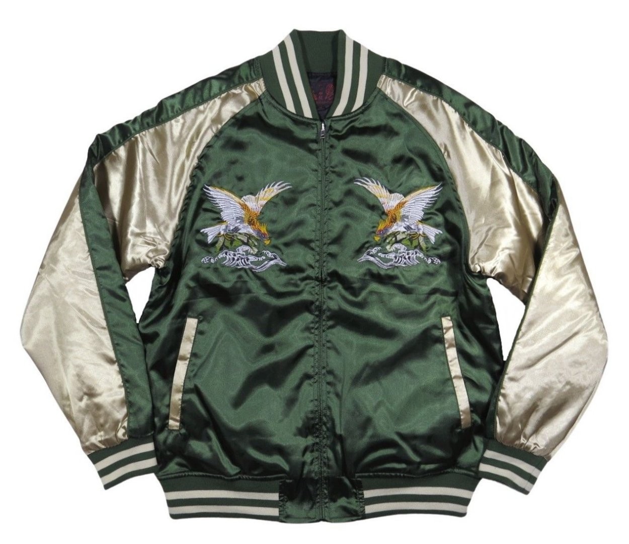 鷹 荒波 総刺繍 サテン地 中綿入り 和柄 スカジャン メンズ : JTWO