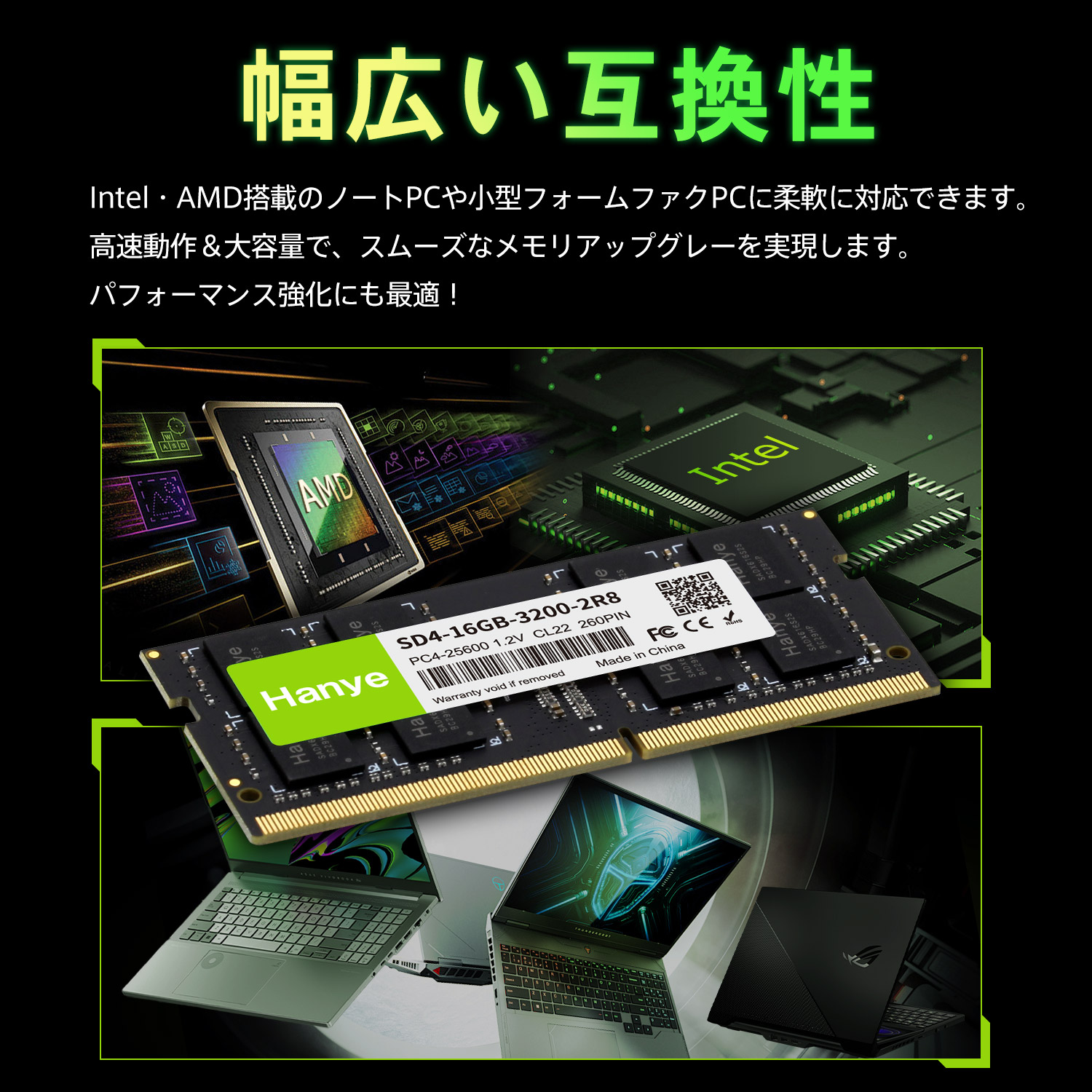 Hanye ノートPC用メモリ PC4-25600(DDR4-3200) 16GB SODIMM Hanye 1.2V