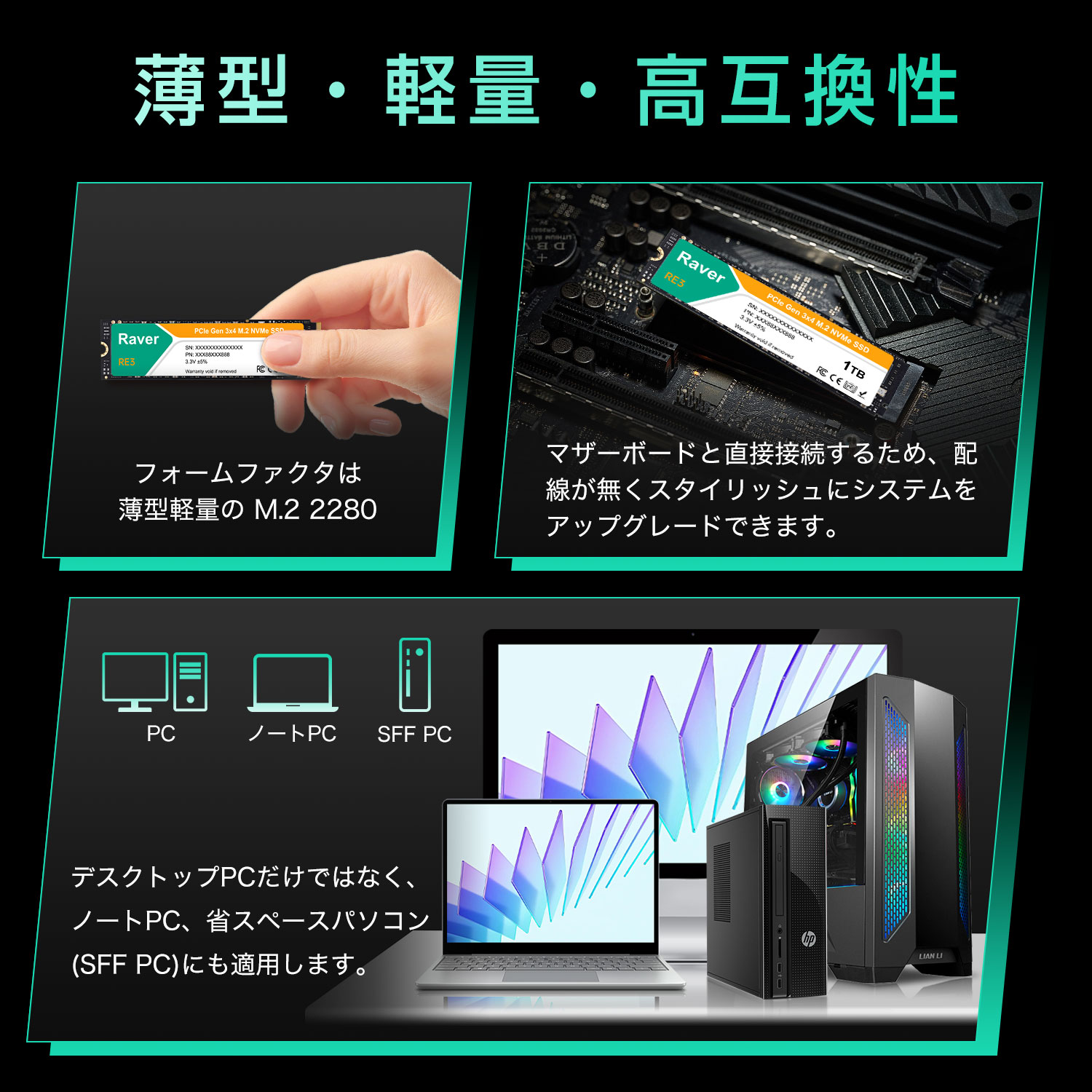 Raver 内蔵型 SSD 1TB PCIe Gen3x4 M.2 NVMe 2280 3300MB/s 3D NAND