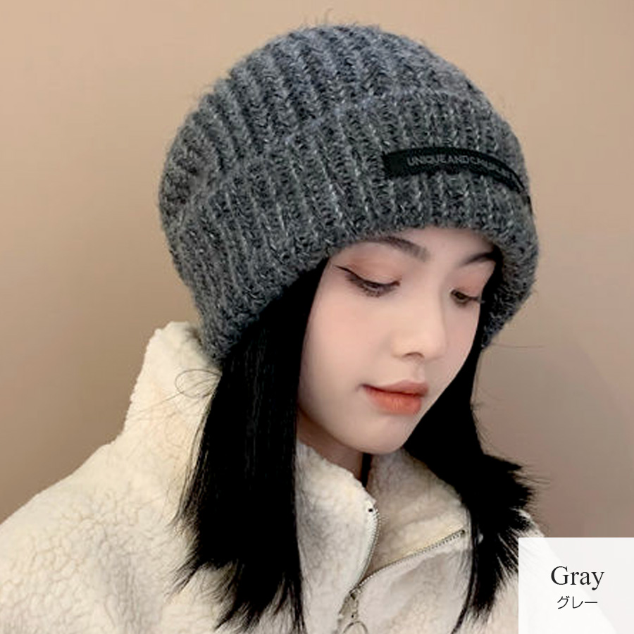 ニット帽 キャップ 厚手 リブニット 無地 ロゴマーク レディース