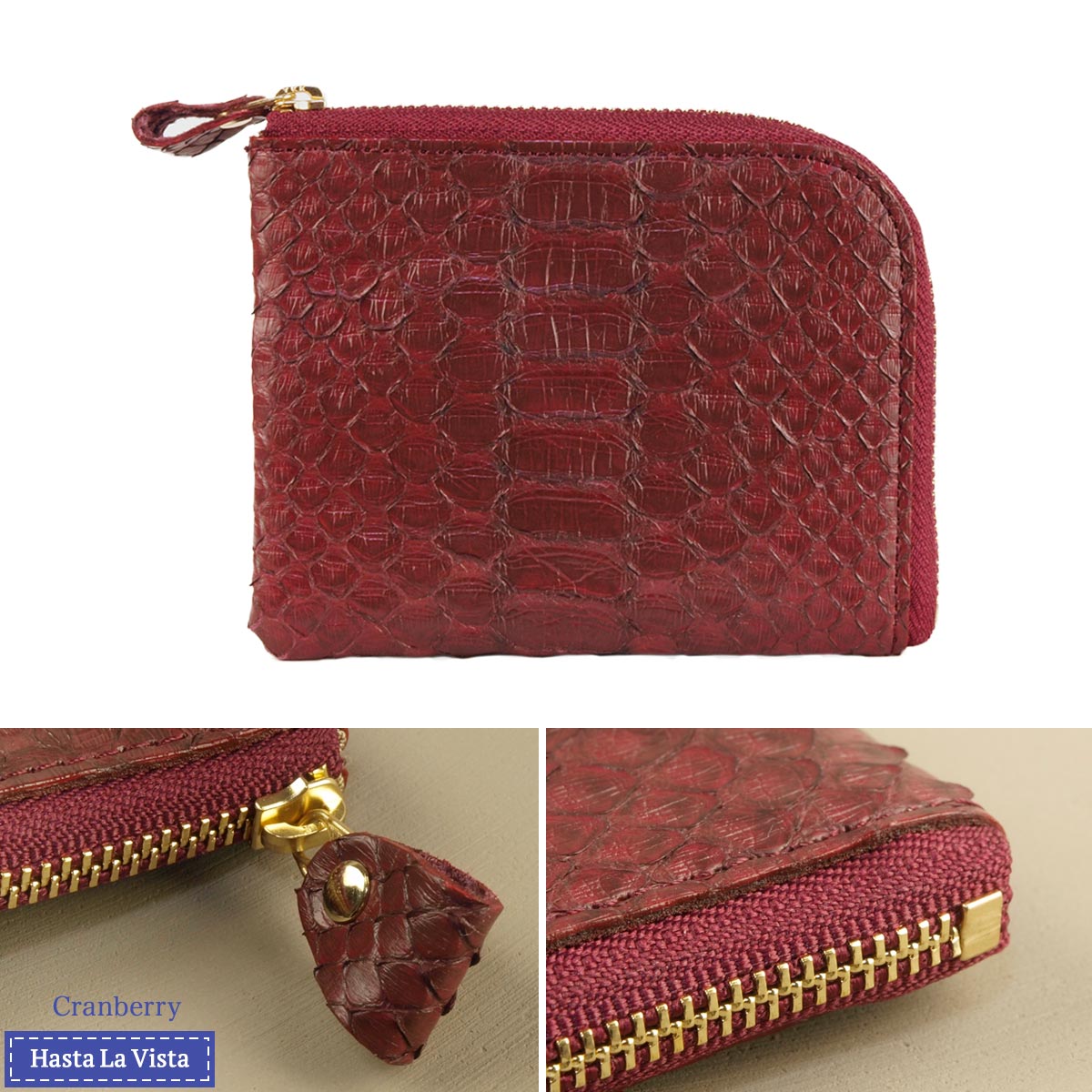 本革 コンパクト 財布 スリム L字ファスナー パイソン革 ヘビ 蛇