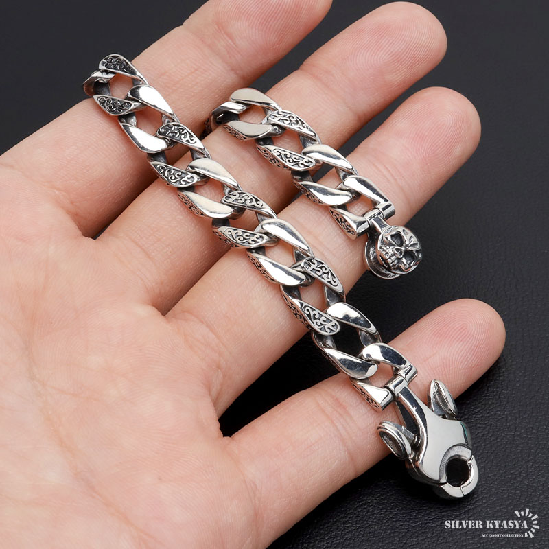 シルバー925 スカルブレスレット 唐草ブレスレット 喜平ブレスレット