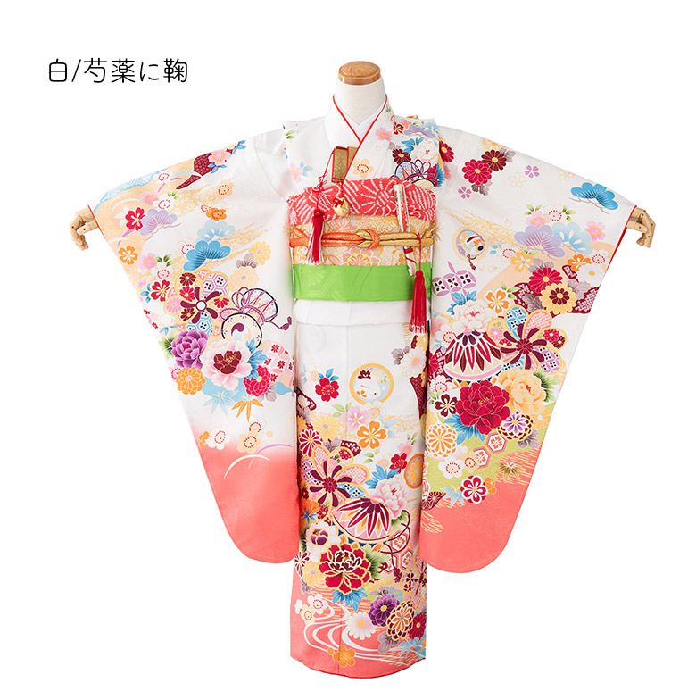 七五三 着物 四つ身 セット 女の子 7歳 7才 絵羽 結び帯 白 ヒワ 緑