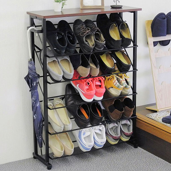 シューズラック 幅75 スリム おしゃれ オープンタイプ 傘掛け 棚付き