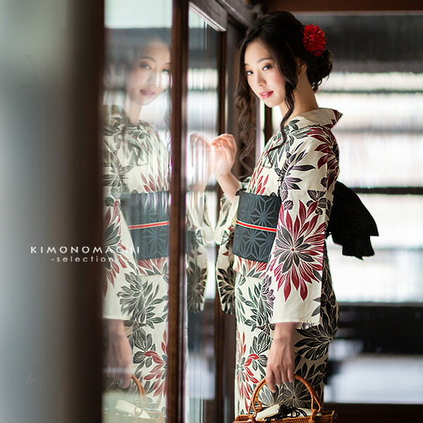 浴衣 レディース セット （浴衣＋帯＋下駄) 30代 40代 50代 「菊 赤と