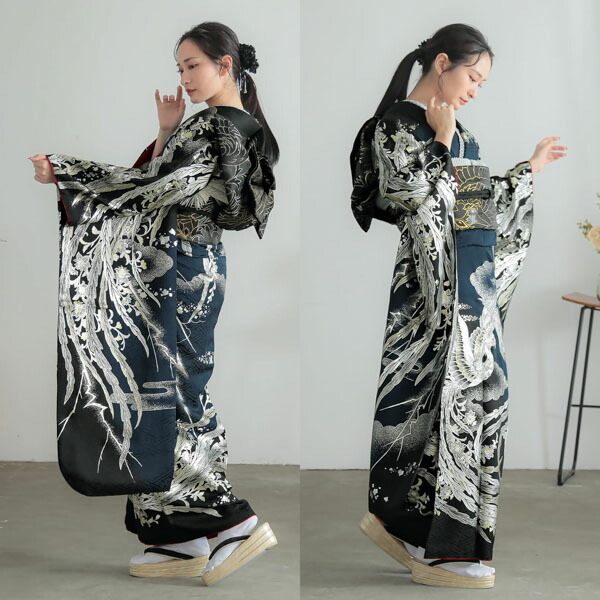 未仕立て 振袖 22点セット「Beatiful Japan ブルー×黒 鳳凰」仮絵羽