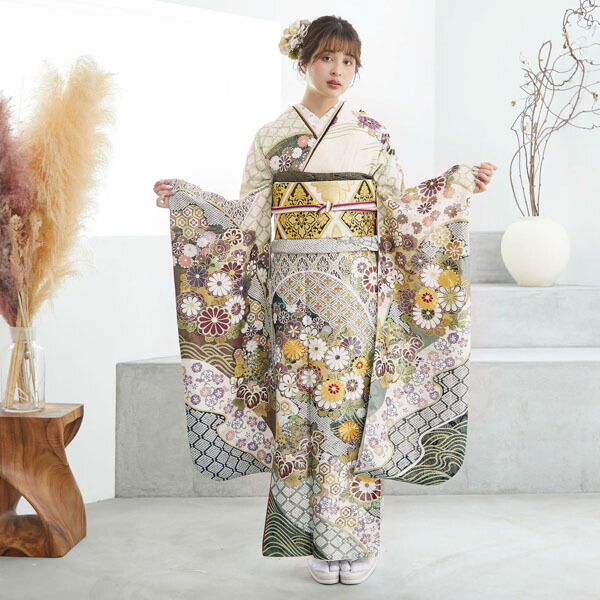 未仕立て 振袖 22点セット「桂由美 クリーム 菊花丸文」仮絵羽 振り袖