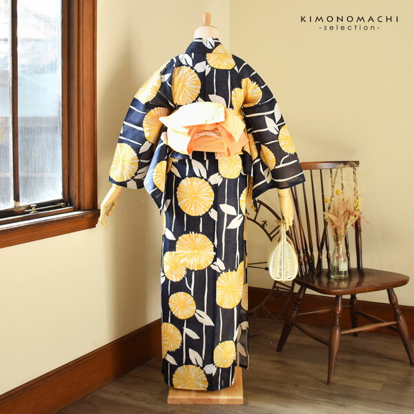 浴衣セット 浴衣と半幅帯の2点セット 「浴衣 紺地 黄の花＋半幅帯 水面