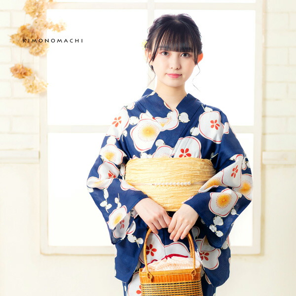 KIMONOMACHI 浴衣 レディース 浴衣と帯の2点セット 「浴衣 紺色 梅＋