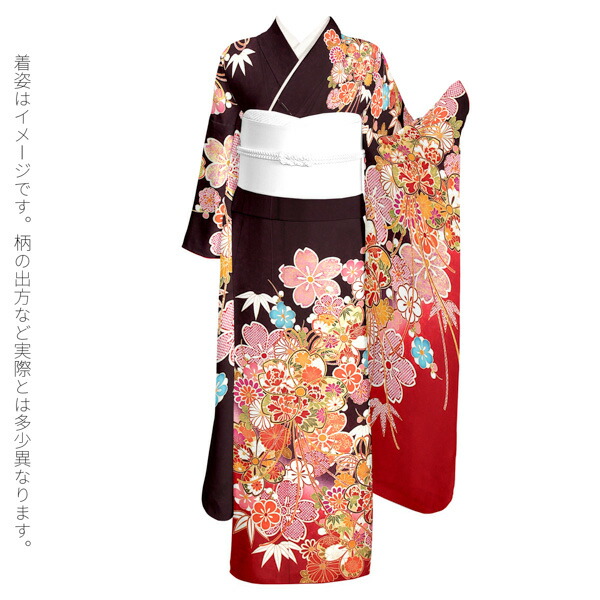 未仕立て 振袖 単品 「葡萄茶色 桜薬玉、枝梅」 仮絵羽 振り袖 正絹