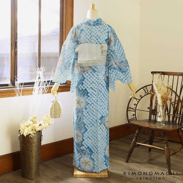 お仕立て上がり絞り浴衣単品「ガール朝顔 水色黄色」有松絞り 女性浴衣