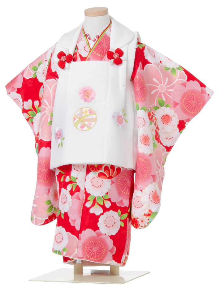 七五三 着物 3歳 被布セット 女の子 京都花ひめ まり1 赤色の着物 白色