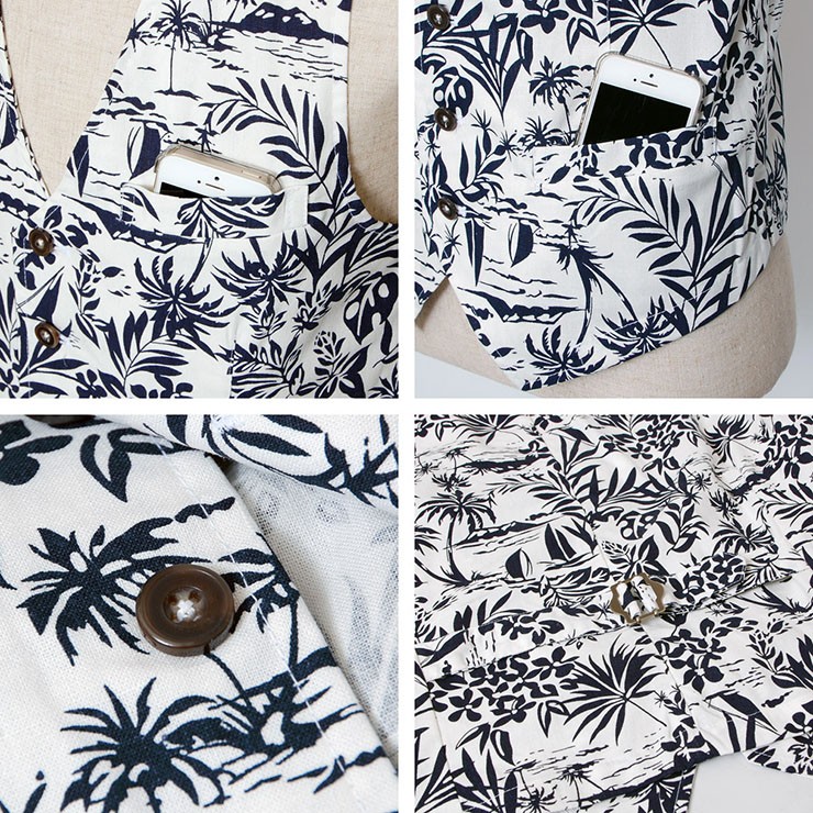 送料無料 ベスト メンズ ジレ 春 夏 総柄 花柄 ボタニカル柄