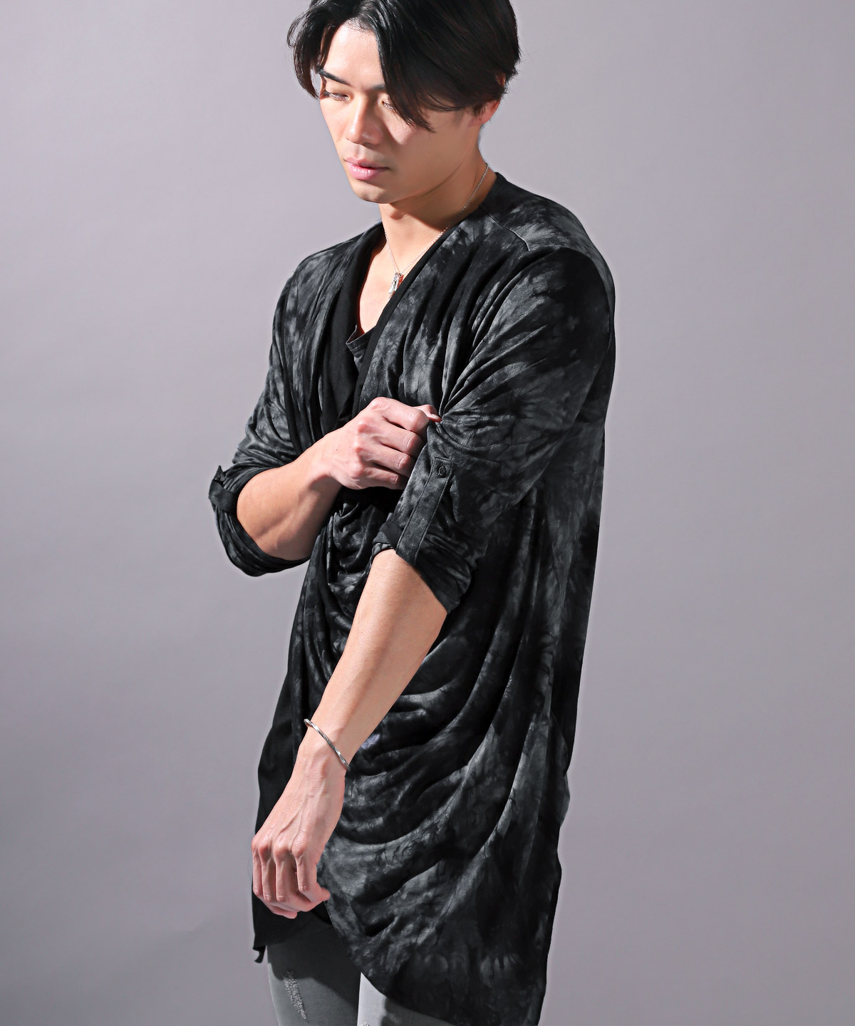 ロンT メンズ 長袖Tシャツ タイダイ ドレープ フェイクレイヤード