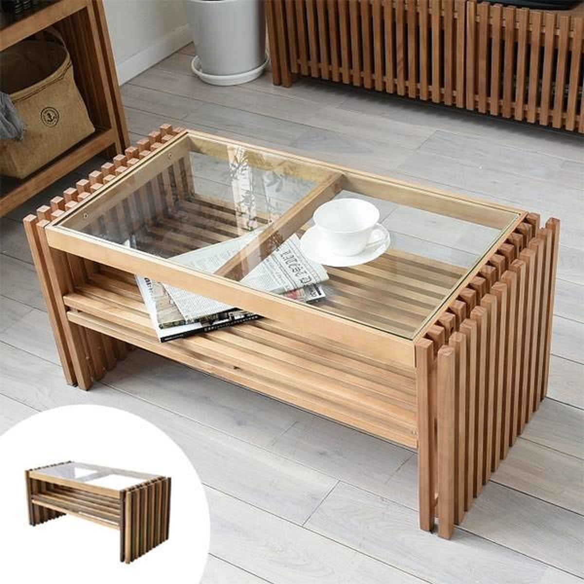 B.Bファニシング センターテーブル ガラス天板 天然木 FOREST 幅84cm