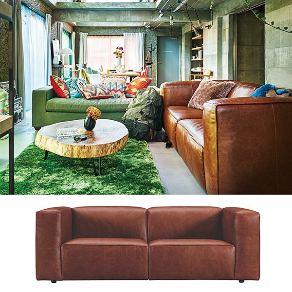 レザーソファ 本革 2人掛け ビンテージ調 幅207cm （ 開梱設置 送料