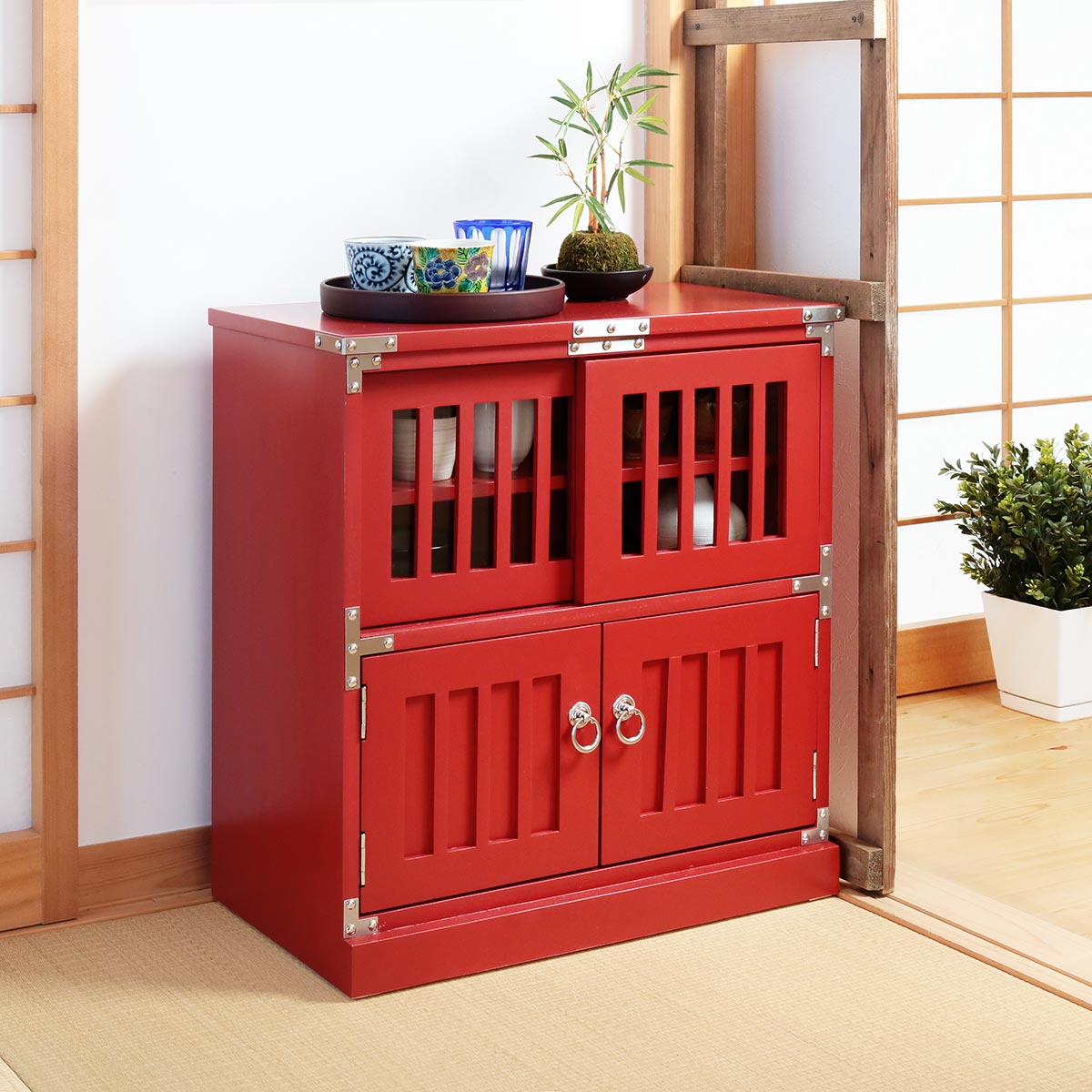 水屋 桐製 民芸調 和風キャビネット 朱雀 幅58cm （ サイドボード 収納