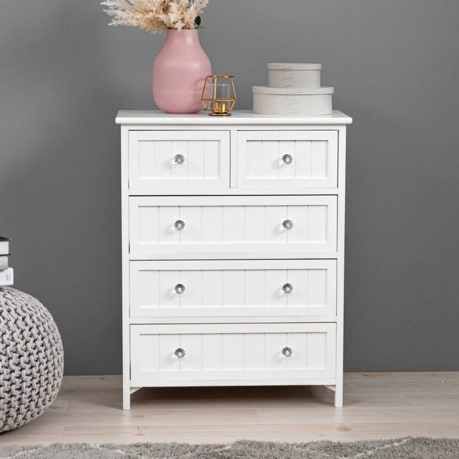 ウッドチェスト 4段5杯 シャビー調 クリスタル調取っ手 幅60cm （ 収納